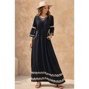 Black Embroidered Maxi Dress Womens Boho Peasant Lace Up 3/4 Sleeve Long 58”